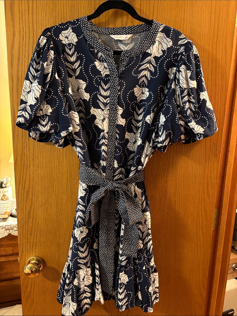Nine West Navy and White Floral Puff-Sleeve Mini Dress